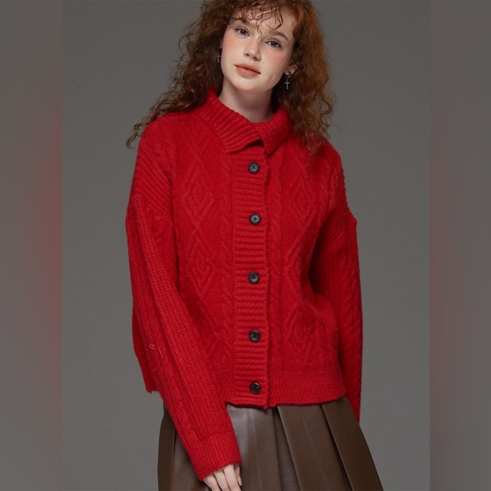 SPANNER | Vintage European Designed Pure New Wool Red Cable Knit Button-Up